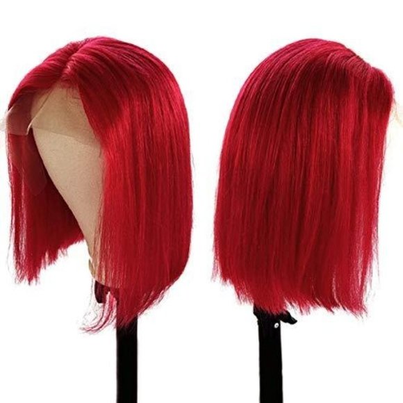 13x4x1 Red Straight Short Bob Human Hair Lace Front Wigs - Picture 5 of 6